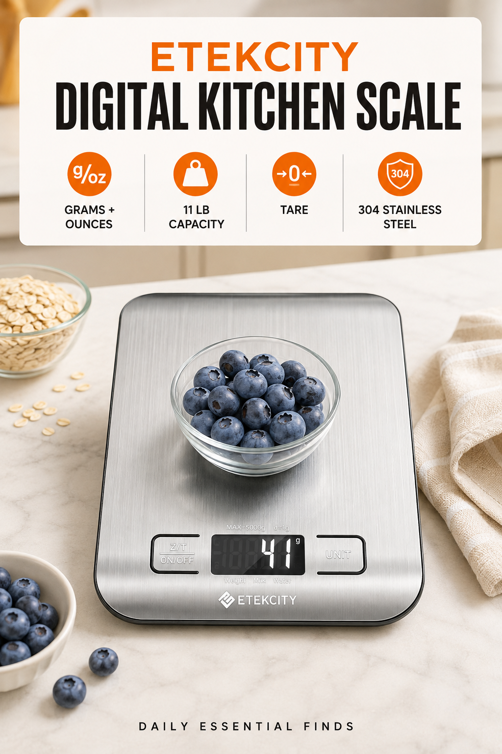Etekcity Food Kitchen Scale, Digital Grams and Ounces, 11lb | Tare function, ideal for baking, weight loss, keto, meal prep, packages, liquids and jewelry, 304 Stainless Steel