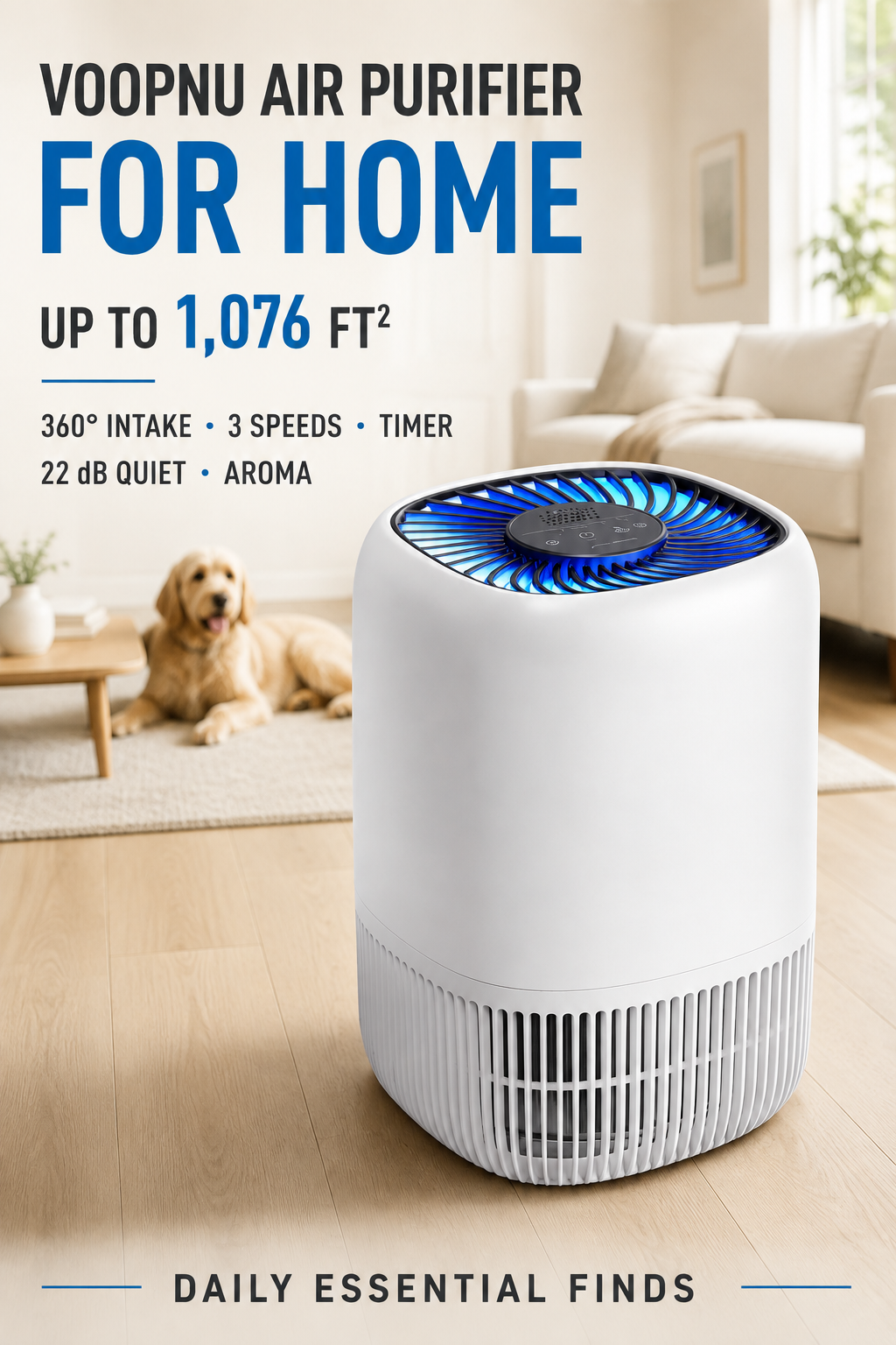 VOOPNU Air Purifiers for Home, High Efficiency Filter Up to 1076 Ft², White | for Pet Hair, Odors, Pollen, Smoke, Compact Air Cleaner with 3 Speeds, Timer, Aroma 22 dB Quiet 360°Intake, DH-JH12