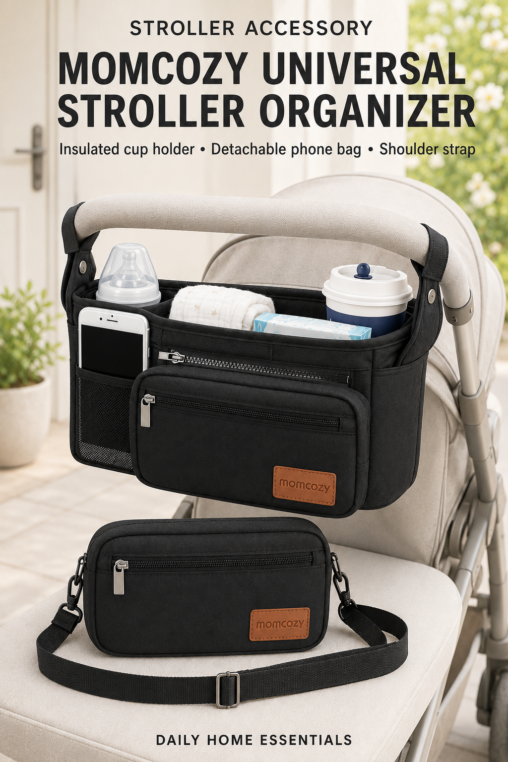 Momcozy Universal Stroller Organizer with Insulated Cup Holder and Detachable Phone Bag