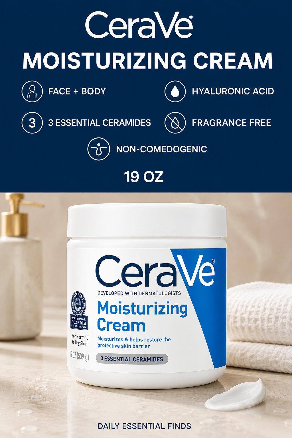 CeraVe Moisturizing Cream, Face Moisturizer & Body Cream, Skin care, 19oz | Hyaluronic Acid For Instant Hydration, Skin Barrier Repair, Ceramide Moisturizer, Fragrance Free, Non-Comedogenic, Daily Use