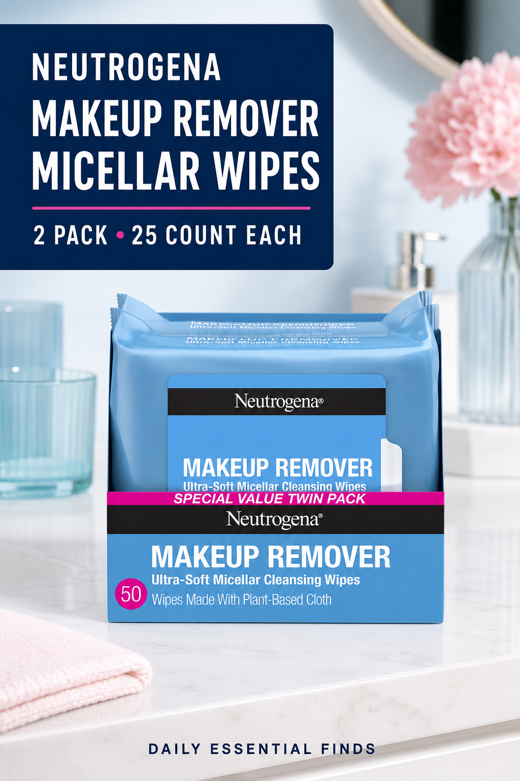 Neutrogena Makeup Remover Micellar Wipes, 2 Pack of 25 Ct