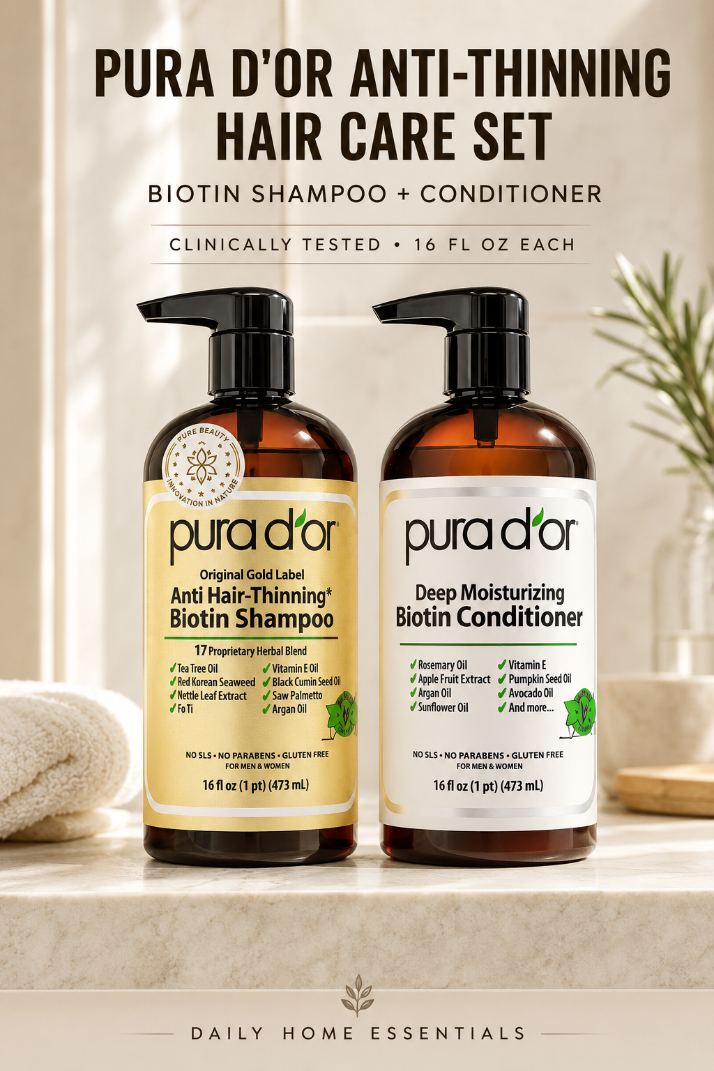 PURA D'OR Gold Label Anti-Thinning Biotin Shampoo & Conditioner Set