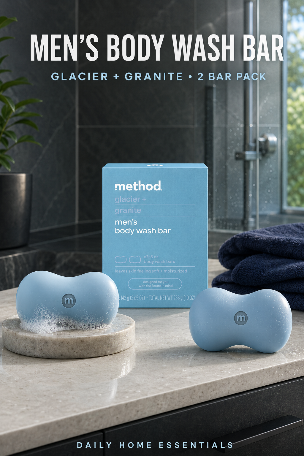 Method Men's Body Wash Bar, Glacier + Granite, Plastic Free, 2 Bars (5 oz Each)