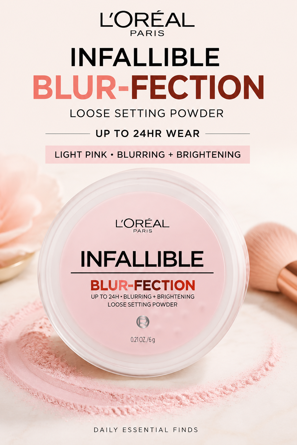 L'Oreal Paris Infallible Blur-fection Longwear Loose Setting Powder, Blurring Face Powder With Up to 24HRs of Wear, Brightening Light Pink, 1 Kit