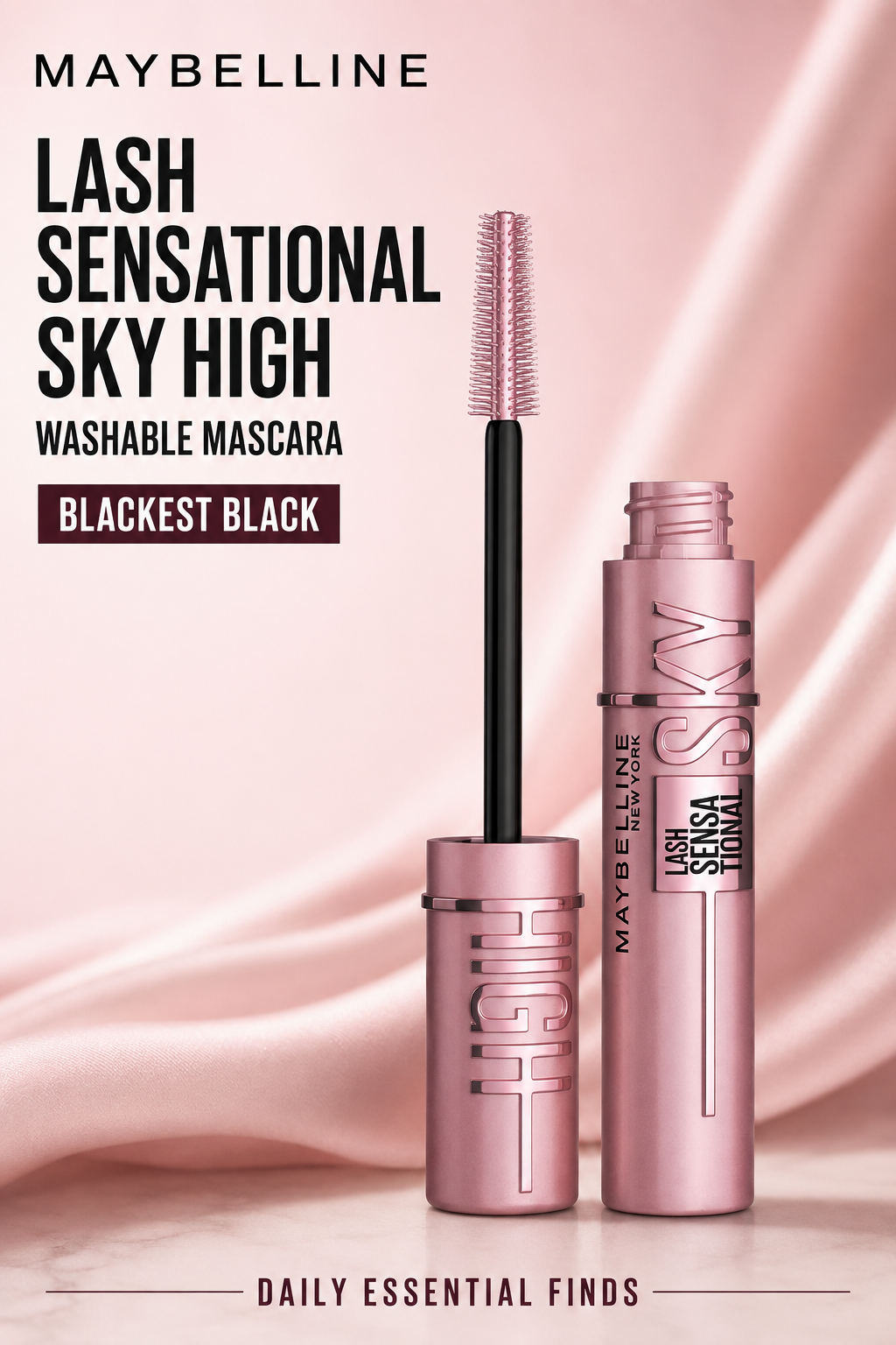 Maybelline Lash Sensational Sky High Washable Mascara Makeup, Volumizing, Lengthening, Defining, Curling, Multiplying, Buildable Formula, Blackest Black, 1 Count