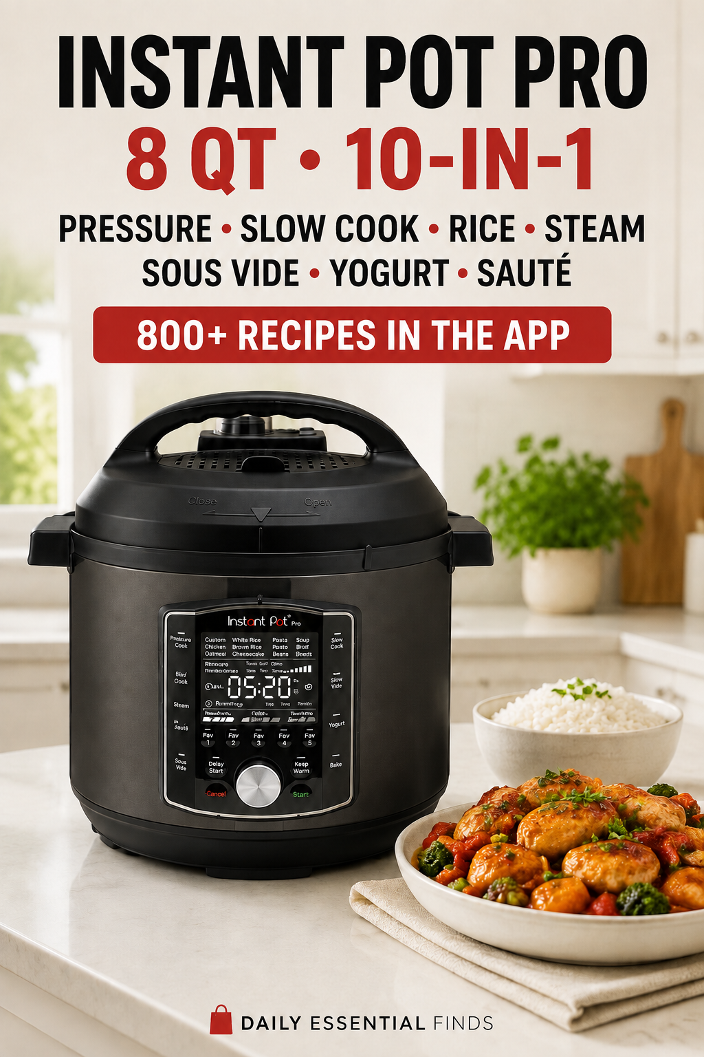 Instant Pot Pro (8 QT) 10-in-1 Pressure Cooker, Slow Cooker, Rice/Grain Cooker, Steamer, Sauté, Sous Vide, Yogurt Maker, Sterilizer, and Warmer, Includes App with Over 800 Recipes, Black