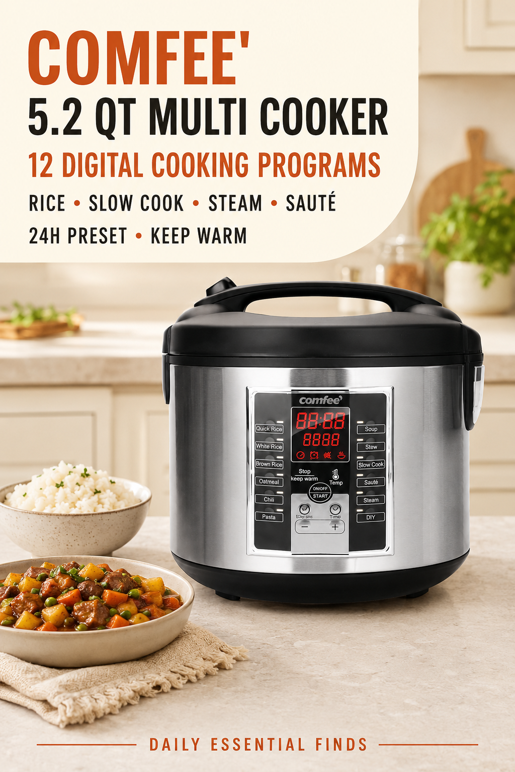 COMFEE' Rice Cooker, Slow Cooker, Steamer, Stewpot, Sauté All in One (12 Digital Cooking Programs) Multi Cooker (5.2Qt) Large Capacity. 24 Hours Preset & Instant Keep Warm, Black/Silver (MB-M25)