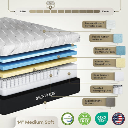 Sven & Son Harmony Adjustable Bed Base, Head and Foot Lift, Massage, Under-Bed Lights, USB, Gel Memory, Zero Gravity Smart Frame - Twin XL + 14 Inch Hybrid Spring Matt (Medium Soft)